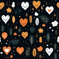 Valentine pattern with orange and white hearts,floral elements on a black background,romantic design