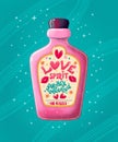 Valentine pink bottle with hand lettering love spirit. Cute festive romantic illustration.