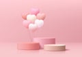 Valentine pink 3D background with realistic cylinder pedestal podium set, Floating balloon hearts shape. Pastel minimal wall scene Royalty Free Stock Photo
