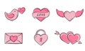 valentine and love pink icon set, bird with heart, padlock, envelope with heart, heart with arrow and heart with ribbon Royalty Free Stock Photo