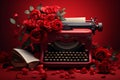 Valentine poetry written on an old typewriter. Romantic background with roses