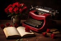 Valentine poetry written on an old typewriter. Romantic still life with rose flowers and old typewriter