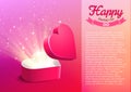 Valentine postcard with opened surprise gift box and shine Royalty Free Stock Photo