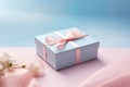 Valentine present box with shiny ribbon and flower, Valentines day and Mothers day promotion offer concept. generative ai