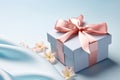 Valentine present box with shiny ribbon and flower, Valentines day and Mothers day promotion offer concept. generative ai