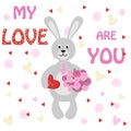 Valentine rabbit Bunny with bouquet of flowers and sweets