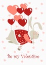 Valentine rabbit flying on heart shaped baloons