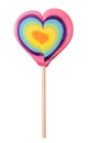 Valentine rainbow pride lollipop heart shaped candy love symbol on wooden stick isolated Royalty Free Stock Photo