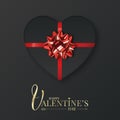 Valentine realistic black package with red metallic bow. Valentines Day gift card