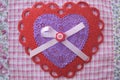 Valentine red and purple lace, doily, ribbon, and button heart