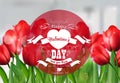 Valentine red tulip background with a close up view with a red round label decorated