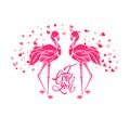 Valentine romantic card, two pink flamingos in love, vector illustration Royalty Free Stock Photo