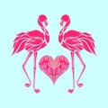 Valentine romantic card, two pink flamingos in love, vector Royalty Free Stock Photo