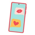 Valentine romantic phone with love message. Smartphone with heart emoji SMS.