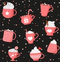 Valentine romantic seamless pattern with Collection of hot drinks with cute cups, mugs, hearts, coffee, cocoa