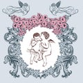 Valentine romantic vector vintage card with angels and flower frame Royalty Free Stock Photo