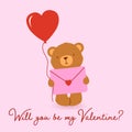 Valentine`s card with cute bear. Vector cartoon illustration Royalty Free Stock Photo