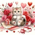 Valentine\'s card with a cute kitten, hearts, and gift box. Generative AI Royalty Free Stock Photo