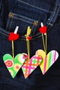 Valentine`s card with hearts on denim pocket Royalty Free Stock Photo