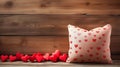 Valentine\'s card mockup with sewn pillow hearts on rustic wooden planks. Copy space for banner. Beautiful background