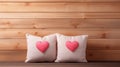 Valentine\'s card mockup with sewn pillow hearts on rustic wooden planks. Copy space for banner. Beautiful background