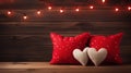 Valentine\'s card mockup with sewn pillow hearts on rustic wooden planks. Copy space for banner. Beautiful background