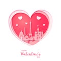 Valentine`s card. Paper cut heart and city of Paris. Happy Valentine day. Royalty Free Stock Photo