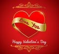 Valentine's Card, Red Heart with gold ribbon on red background Royalty Free Stock Photo