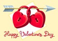 Valentine\'s card. Two red hearts-padlocks are closed together and dangling from the arrow