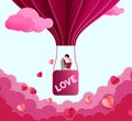 Valentine`s character vector background. Valentine`s day couple characters dating in floating hot air balloon.