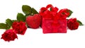 Valentine`s composition with roses, gift box and heart on white background with space for text Royalty Free Stock Photo