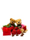 Valentine`s composition with two snugly teddy bears, roses, chocolaty candy, gift box and hearts on white background