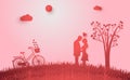 Valentine`s couple kiss illustration design in paper art style with a bicycle, clouds, sun and love tree.