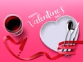 Valentine`s date vector background design. Happy valentine`s day greeting text with heart plate and wine glass.
