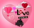 Valentine`s date vector background design. Love is in the air text with dating couple characters with valentine elements.