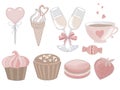 ILLUSTRATION ELEMENTS FOR VALENTINE\'S DAY.SWEET GIFTS,GLASSES WITH CHAMPAGNE,CAKES,CANDIES,LOVE.