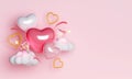 Valentine's day abstract background with 3d heart shape balloons and confetti with copy space. February 14 Royalty Free Stock Photo