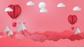 Valentine\'s day abstract background Flying red hearts and Balloon with mountains for valentines concept.