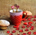 Valentine `s Day, All Lovers `Day, I love you and give you a gift, red crap and red hearts, candy red hearts, Royalty Free Stock Photo