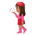 Valentine s Day with American African Girl Side View Blowing Hearts flat vector illustration