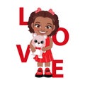 Valentine s day with American African little girl holding cute teddy bear cartoon character design vector Royalty Free Stock Photo