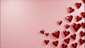Valentine`s day, anniversary concept background. Translucent shiny red hearts on soft pink surface. Digital render