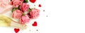 Valentine`s day background . Bouquet of pink roses flowers, gift box and champagne bottle isolated Royalty Free Stock Photo