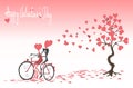 Valentine`s Day background with a bicycle, a loving couple, and a tree with painted hearts