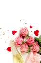 Valentine`s day background . Bouquet of pink roses flowers, gift box and champagne bottle isolated Royalty Free Stock Photo