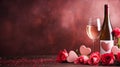 Valentine's Day background with champagne glasses, red roses and hearts. Romantic celebration of Valentine's Day