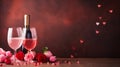 Valentine's Day background with champagne glasses, red roses and hearts. Romantic celebration of Valentine's Day