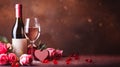 Valentine's Day background with champagne glasses, red roses and hearts. Romantic celebration of Valentine's Day