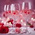 Valentine\'s day background with champagne glasses, roses, candles and beautiful bokeh lights. Royalty Free Stock Photo