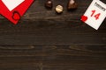 Valentine`s day background with copy space. Valentine`s Day card with chocolate on the wooden table. Royalty Free Stock Photo